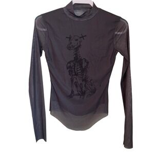 Forever Friend Gray Skeleton Dog Graphic Mock Neck Mesh Long Sleeve Top Size S